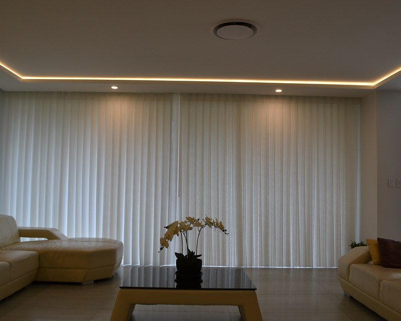 Motorised window furnishings in a contemporary room